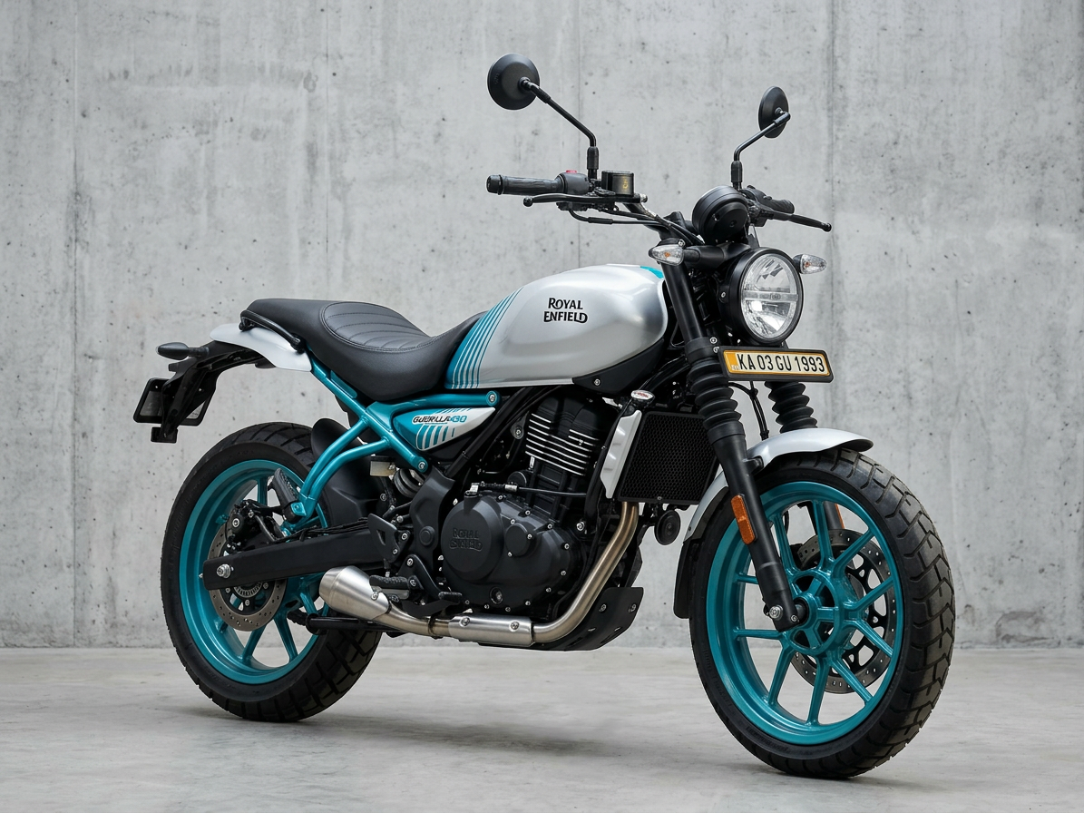 Royal Enfield motorcycle with silver fuel tank and turquoise frame and wheels